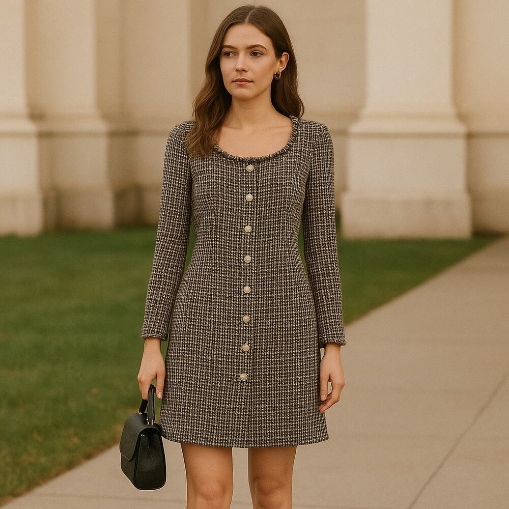 Gabby Skye Tweed Dress Sz 4 Ivy Preppy Academia 60s Mod Style Pearl Fringe Trim